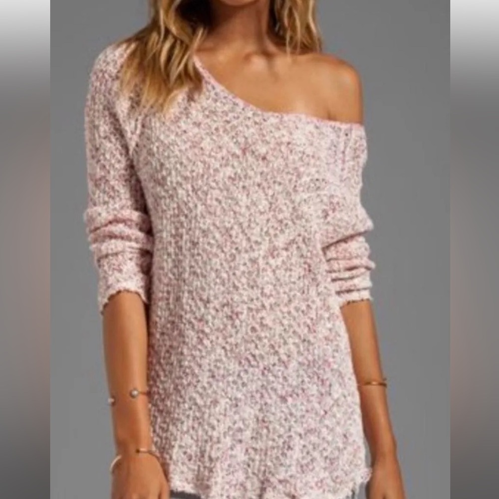 Free People Pink & Cream Poppyseed Yarn Pullover Sweater | Lace Back Raw Hem